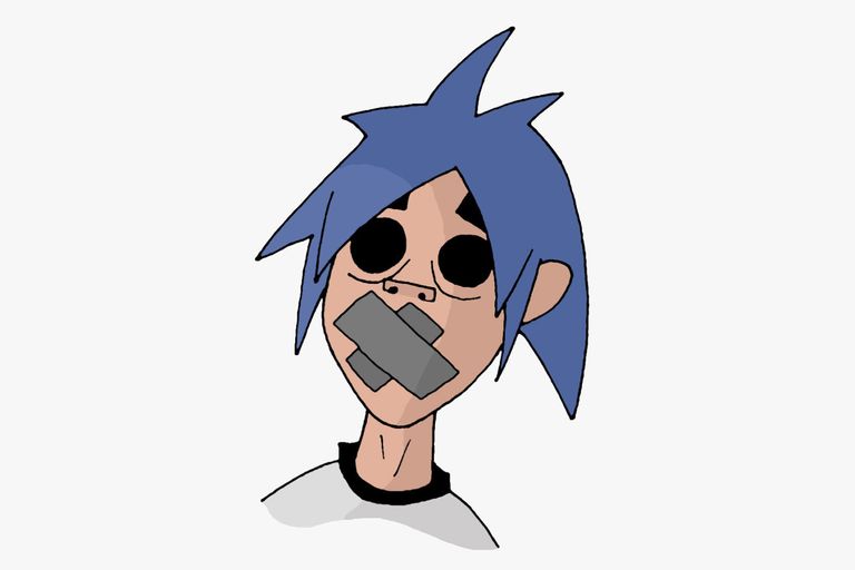 2-D from Gorillaz with his mouth taped over