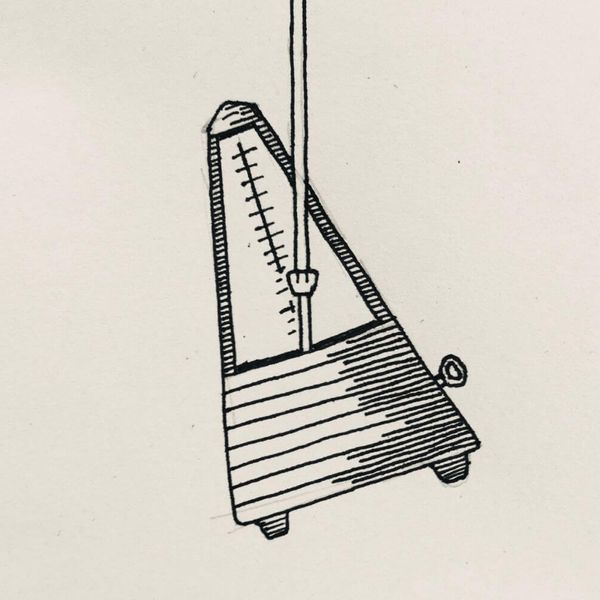 Ink drawing of a metronome hanging in the air