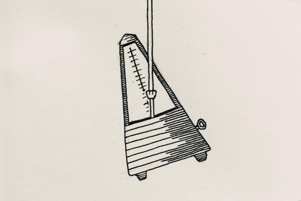 Ink drawing of a metronome hanging in the air