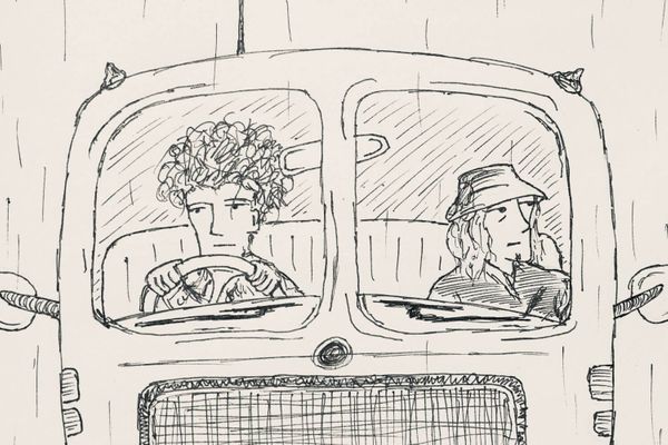 Ink drawing of two men in the front seat of a minibus